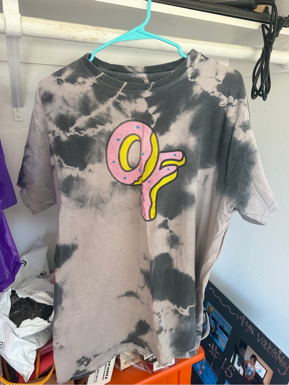 ODD FUTURE Tie-Dye Graphic Tee with Pink Donut 'OF' Logo